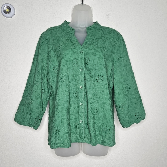 Soft Surroundings Tops - Soft Surroundings 100% Cotton Boho Embroidered Green Eyelet Puff Sleeve Blouse